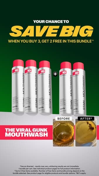 hismile bundle ad — buy three mouthwashes, get two free, with a before and after