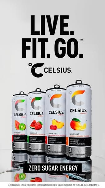 Celsius ad, four flavours of the zero-sugar energy drink under Live. Fit. Go.
