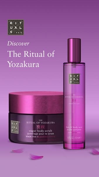 Rituals ad introducing The Ritual of Yozakura body scrub and hair mist