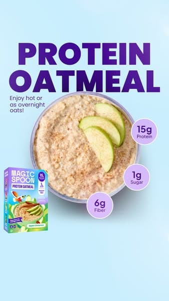 Magic Spoon protein oatmeal ad with protein, sugar and fibre called out in bubbles